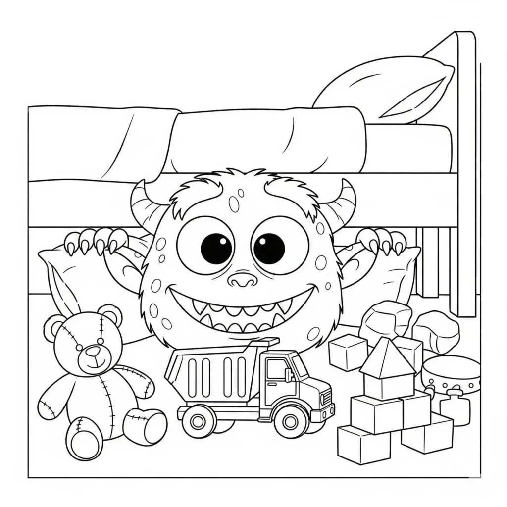 14 Monster Ausmalbilder (Malvorlage für Kinder und Erwachsene) Ausmalbild von einem Monster unter dem Bett für Kinder kostenlos zum Ausdrucken und Ausmalen