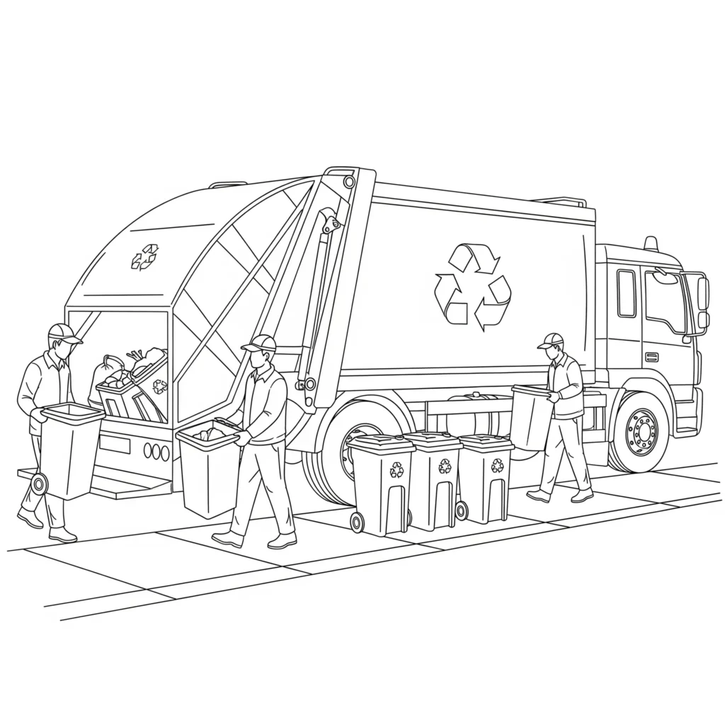 10+ LKW Ausmalbilder (Kostenlos Malvorlage zum Ausdrucken) Ausmalbild eines Müllwagens auf der Straße beim Einsammeln von Abfällen, geeignet für Kinder, die LKW Ausmalbilder mögen