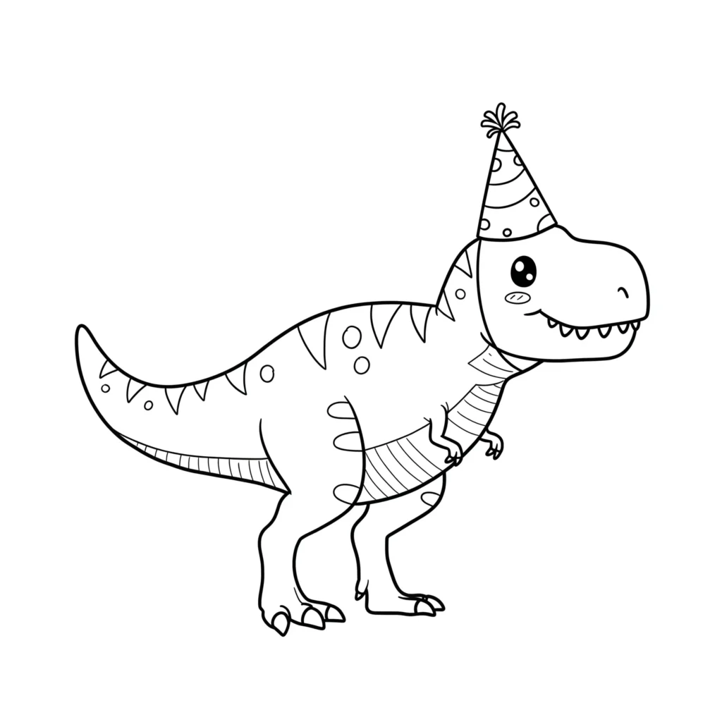 14 T-Rex Ausmalbilder (Gratis Dino Malvorlage zum Ausdrucken) Ausmalbild eines niedlichen T-Rex mit einem bunten Partyhut, perfekt für Kinder zum Ausmalen bei Feierlichkeiten.