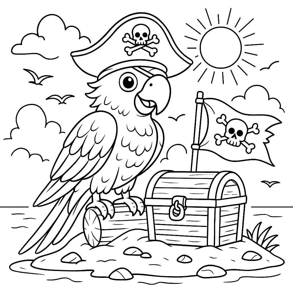 24 Piraten Ausmalbilder (Kostenlose Malvorlage zum drucken) Piraten Papagei mit Schatztruhe und Piratenflagge – Ausmalbild kostenlos zum Ausdrucken