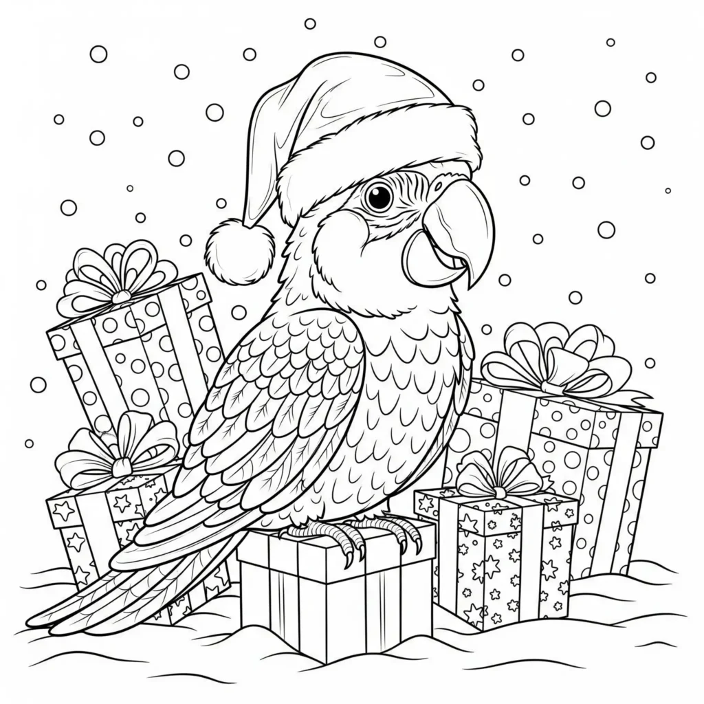 16 Papagei Ausmalbilder (Gratis Malvorlage zum Ausdrucken) Papagei Ausmalbild mit Weihnachtsmütze zum Ausdrucken für Kinder, einfache Malvorlage zum Ausmalen