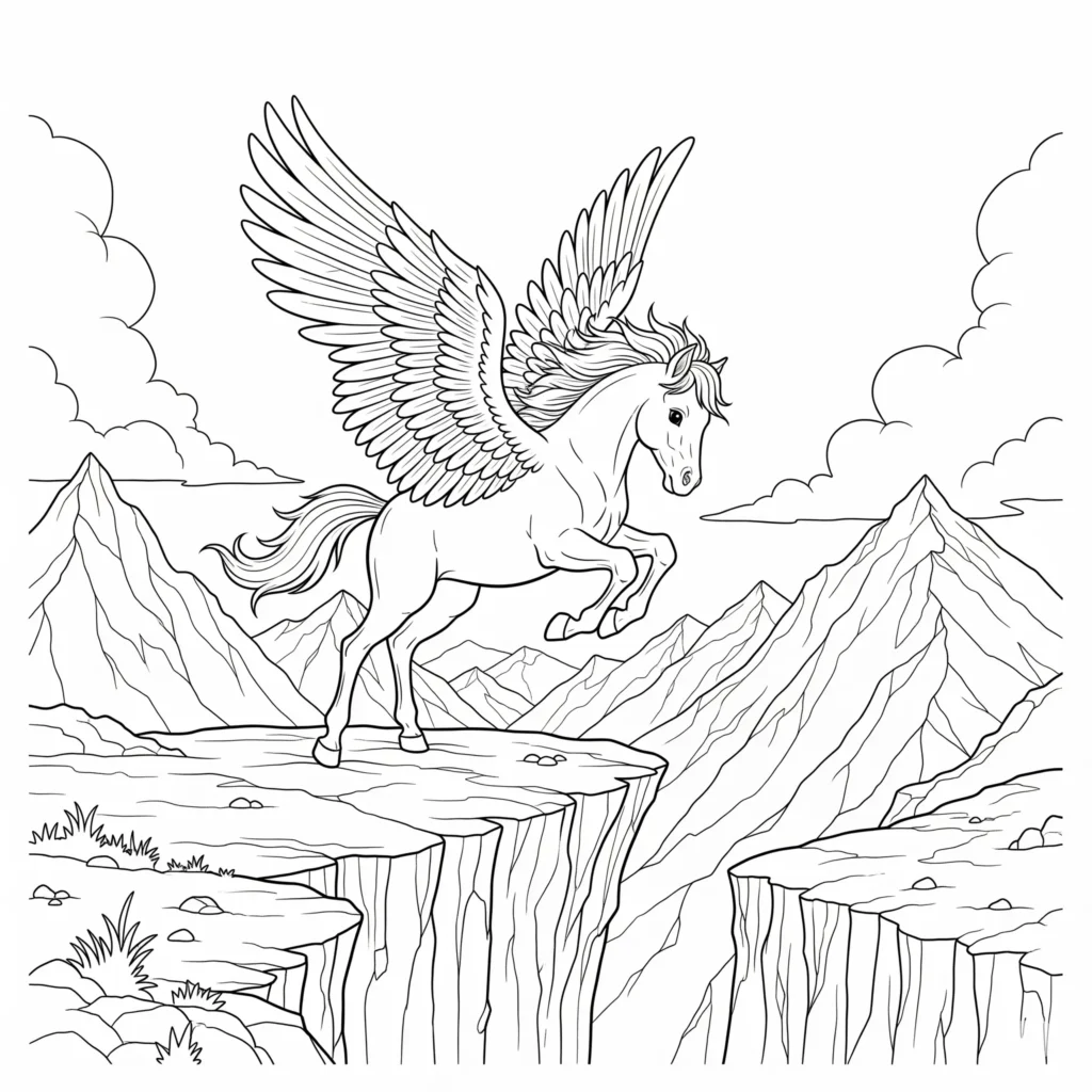 10+ Pegasus Ausmalbilder (Gratis Malvorlage zum Ausdrucken) Ein majestätischer Pegasus steht stolz auf einer hohen Bergspitze. Diese Ausmalvorlage ist als PDF für Kinder und Erwachsene erhältlich