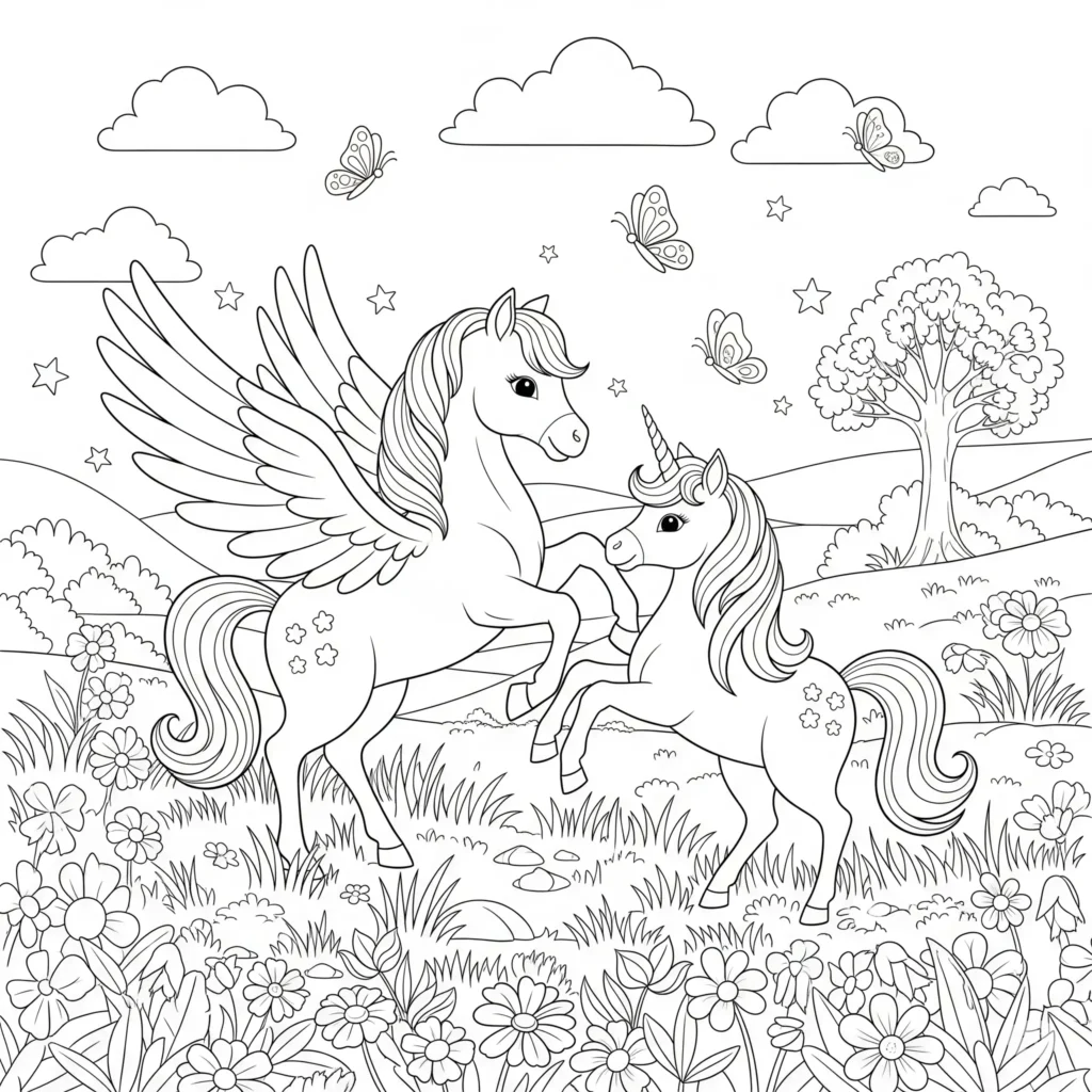 10+ Pegasus Ausmalbilder (Gratis Malvorlage zum Ausdrucken) Ausmalbild mit Pegasus und Einhorn, die zusammen auf einer magischen Wiese stehen. Perfekt zum Ausdrucken für Kinder als PDF