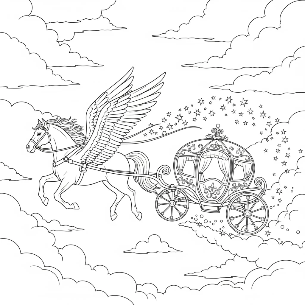 10+ Pegasus Ausmalbilder (Gratis Malvorlage zum Ausdrucken) Ein Ausmalbild zeigt einen Pegasus, der eine Feenkutsche durch den Himmel zieht. Diese PDF-Vorlage ist ideal für kreative Kinder