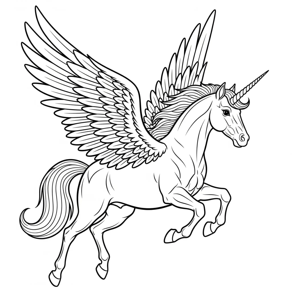 10+ Pegasus Ausmalbilder (Gratis Malvorlage zum Ausdrucken) Ein Ausmalbild zeigt einen Pegasus mit Horn, ideal für Kinder als PDF zum Herunterladen und kreativen Ausmalen
