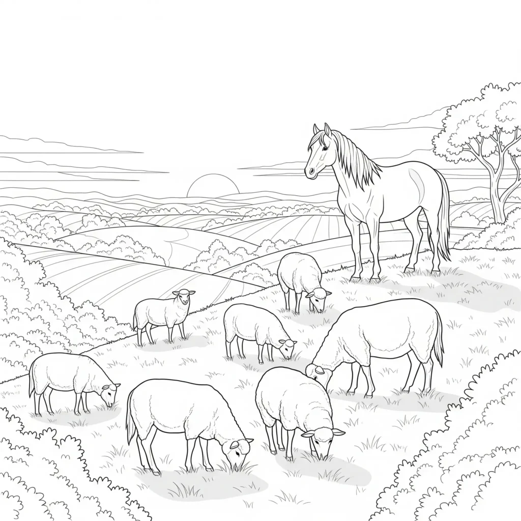 30 Pferde Ausmalbilder (Kostenlos Malvorlage zum Ausdrucken) ein pferd und ein schaf stehen friedlich auf einem grasbewachsenen hügel mit weiter aussicht kinderfreundliche pferde ausmalbilder zum drucken