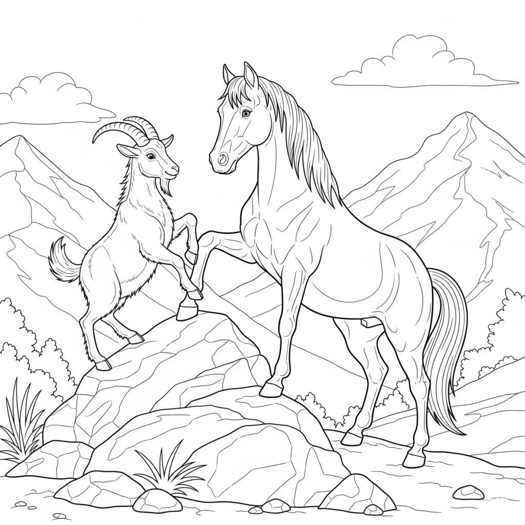 30 Pferde Ausmalbilder (Kostenlos Malvorlage zum Ausdrucken) ein pferd und eine ziege erklimmen gemeinsam felsige hügel in einer berglandschaft malvorlage zum ausmalen für kinder und erwachsene