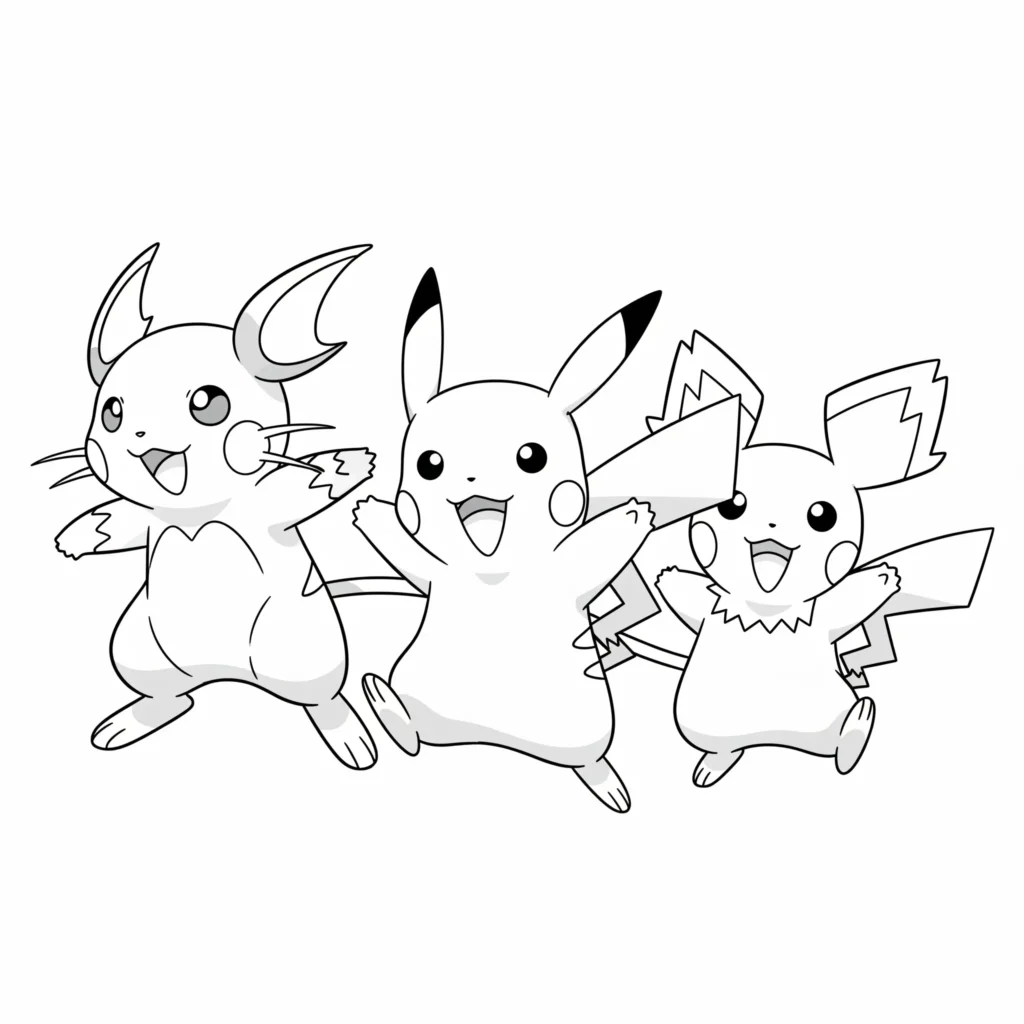 30 Pikachu Ausmalbilder (Gratis Pokémon Malvorlage zum drucken) Diese Ausmalvorlage zeigt Pichu, Raichu und Pikachu beim gemeinsamen fröhlichen Tanzen – perfekt für kreative Kinder und echte Pokémon-Fans.
