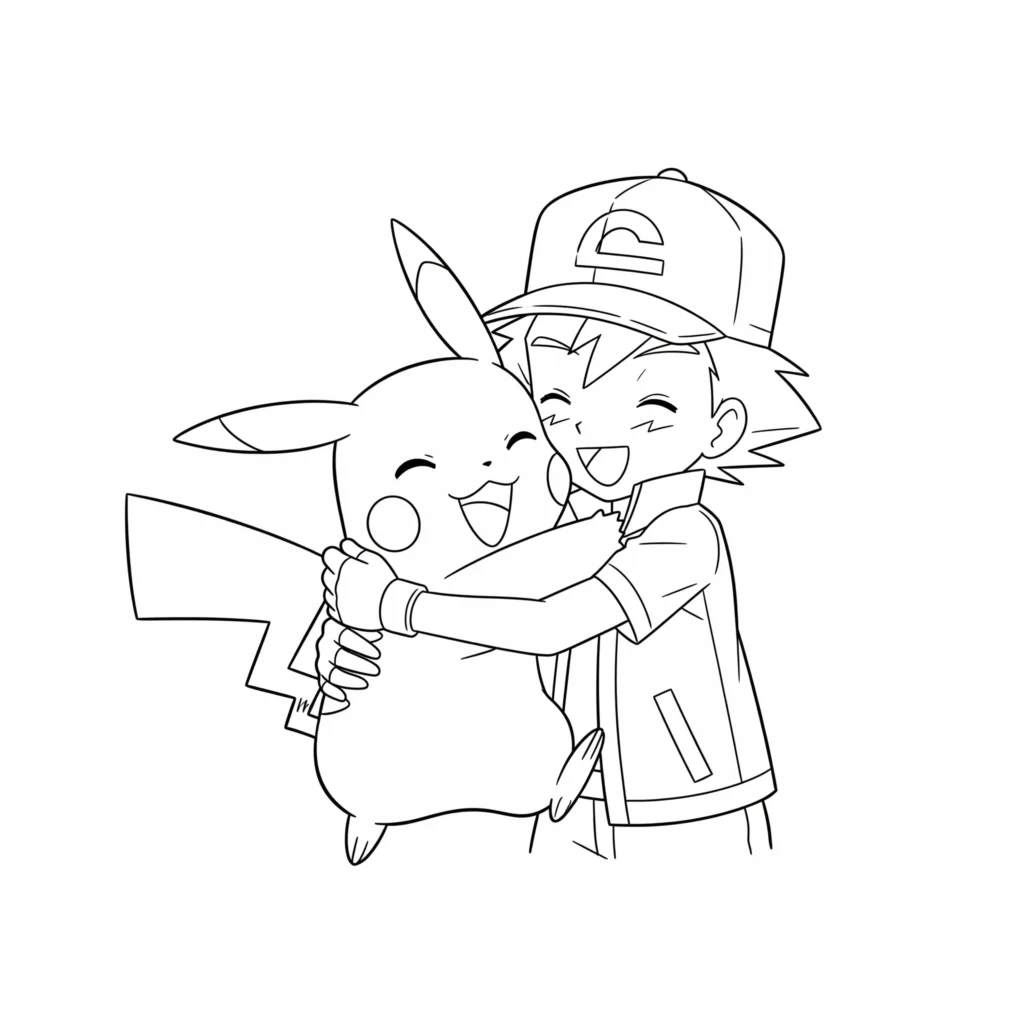 30 Pikachu Ausmalbilder (Gratis Pokémon Malvorlage zum drucken) Diese Ausmalvorlage zeigt einen emotionalen Moment, in dem Pikachu und Ash sich herzlich umarmen – perfekt für Kinder mit Liebe zu Pokémon.