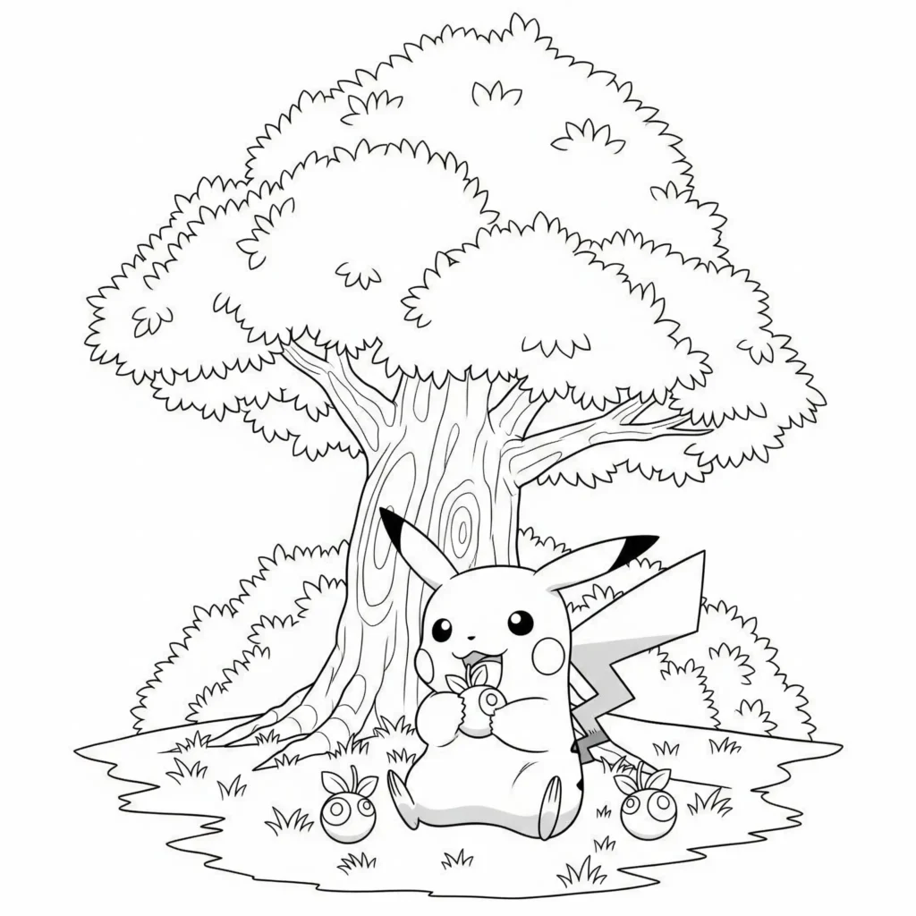 30 Pikachu Ausmalbilder (Gratis Pokémon Malvorlage zum drucken) Dieses Ausmalbild zeigt Pikachu, wie er genüsslich Beeren isst – ein niedliches Motiv, das sich perfekt für junge Pokémon-Fans eignet.
