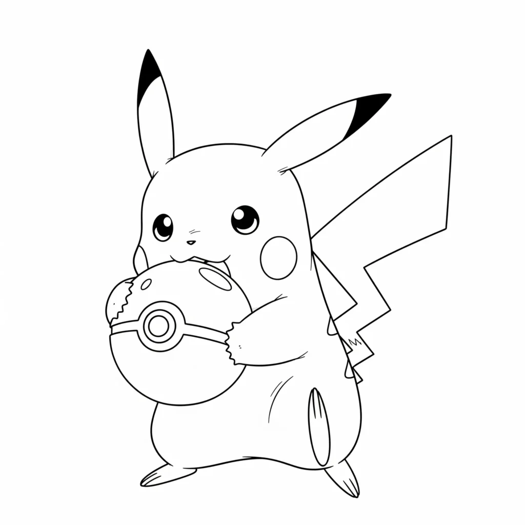 30 Pikachu Ausmalbilder (Gratis Pokémon Malvorlage zum drucken) Diese Ausmalvorlage zeigt Pikachu, wie er spielerisch in einen Pokéball beißt – ein witziges Motiv für Kinder, die Pokémon kreativ gestalten möchten.