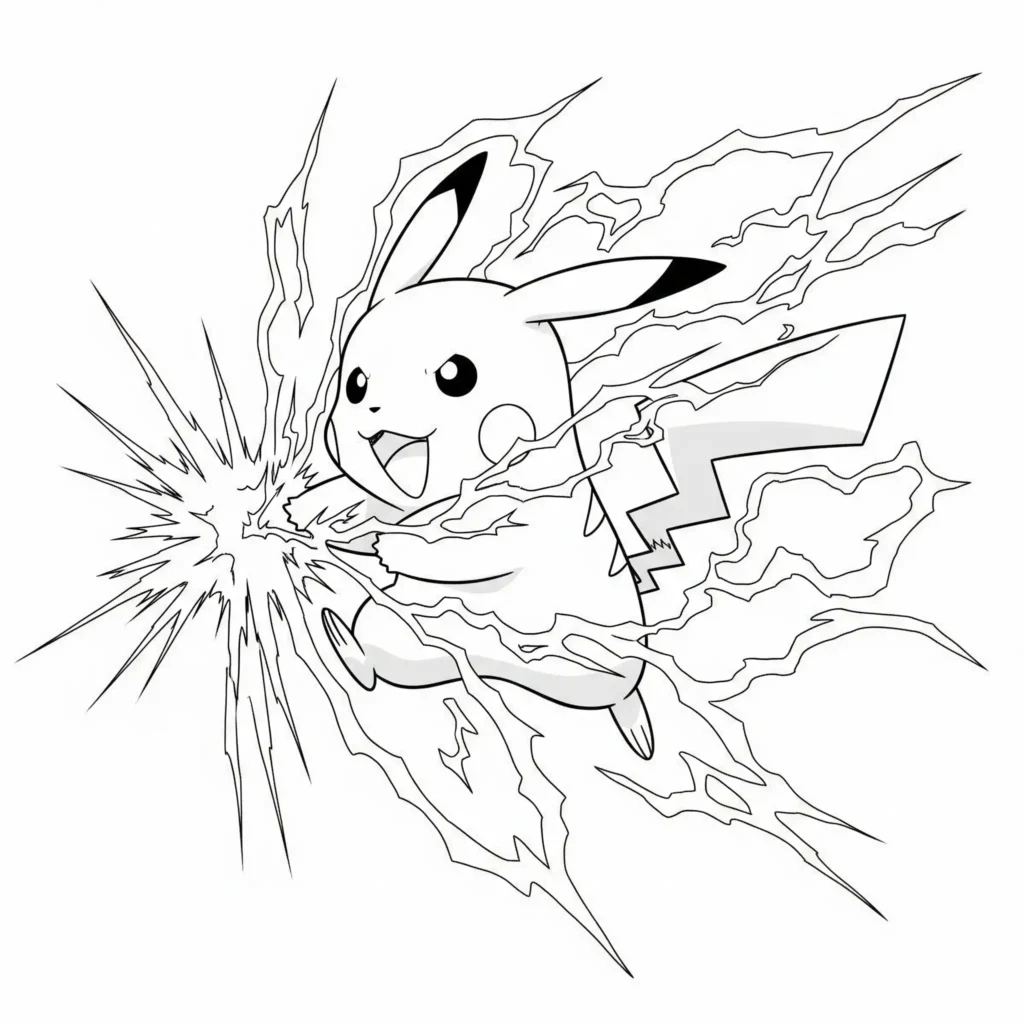 30 Pikachu Ausmalbilder (Gratis Pokémon Malvorlage zum drucken) Diese Malvorlage zeigt Pikachu in Aktion bei einer Blitz-Attacke – ideal für Kinder, die Pokémon lieben und dynamische Szenen ausmalen möchten.