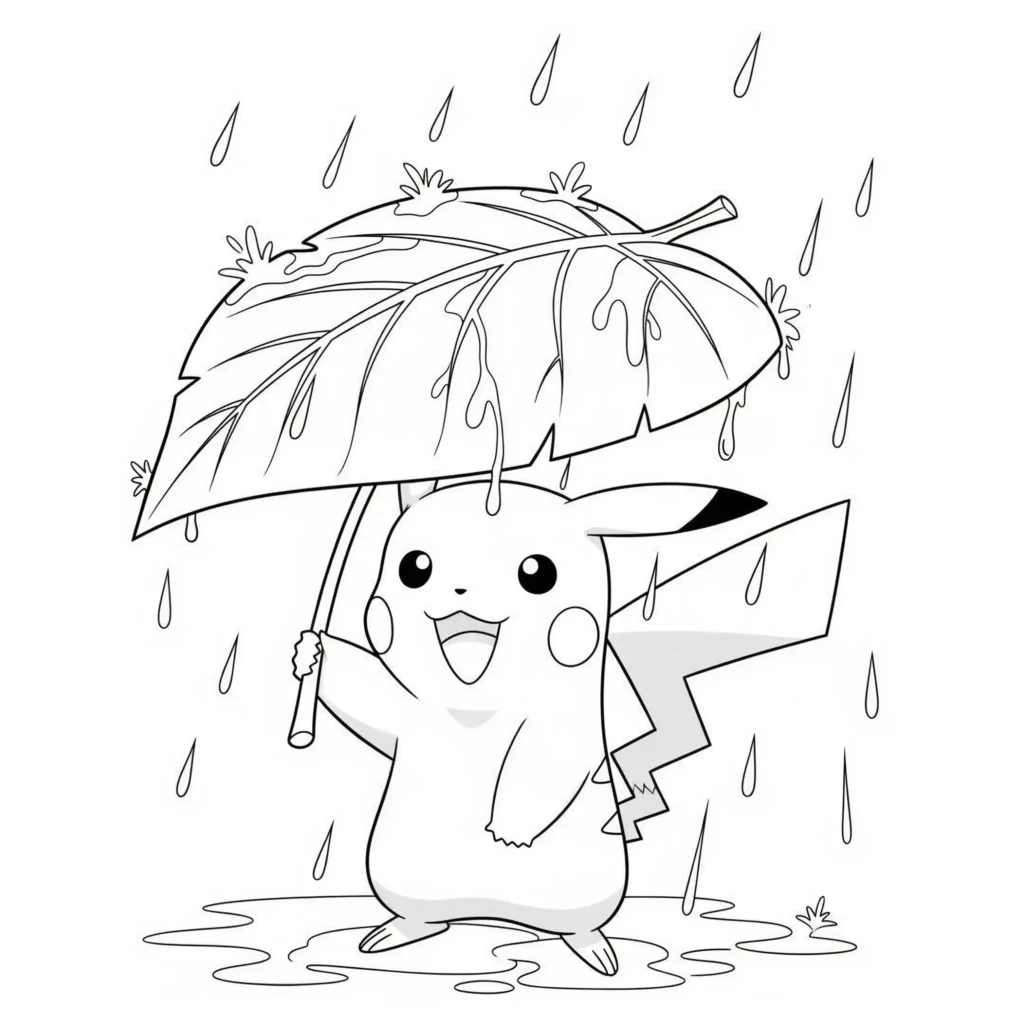 30 Pikachu Ausmalbilder (Gratis Pokémon Malvorlage zum drucken) Diese Ausmalvorlage zeigt Pikachu im Regen stehend, wie er sich mit einem großen Blatt vor den Tropfen schützt – ideal für kreative Kinderhände.