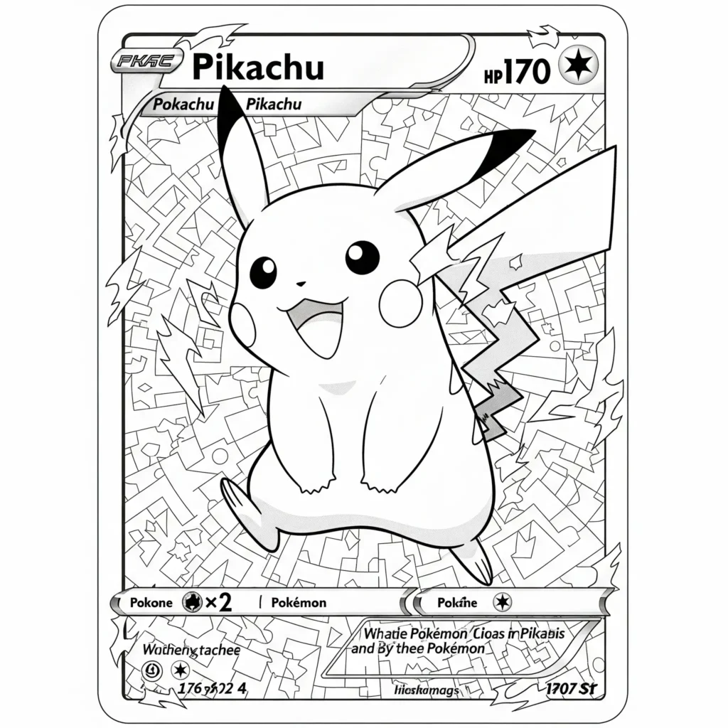 30 Pikachu Ausmalbilder (Gratis Pokémon Malvorlage zum drucken) Diese Ausmalvorlage zeigt eine detaillierte Pokémon-Sammelkarte mit Pikachu als Hauptmotiv – ideal für Kinder, die feine Linien gern ausmalen.