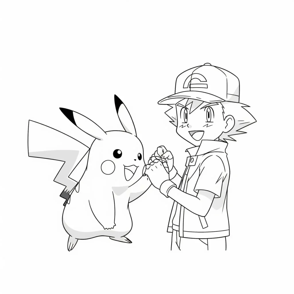 30 Pikachu Ausmalbilder (Gratis Pokémon Malvorlage zum drucken) Diese Ausmalvorlage zeigt Pikachu zusammen mit Ash Ketchum in einer freundschaftlichen Szene – perfekt für Kinder, die beide Helden mögen.