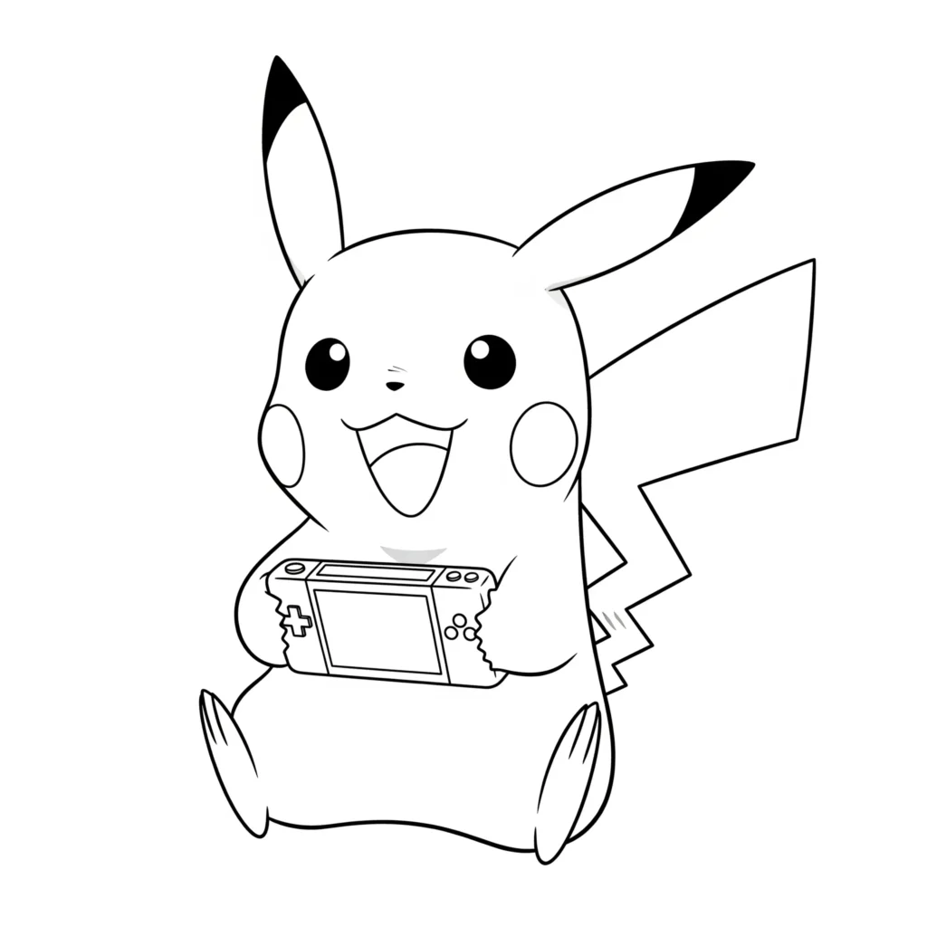 30 Pikachu Ausmalbilder (Gratis Pokémon Malvorlage zum drucken) Witziges Ausmalbild von Pikachu mit einem Game-Controller in der Hand, wie er konzentriert ein Videospiel auf dem Bildschirm spielt.