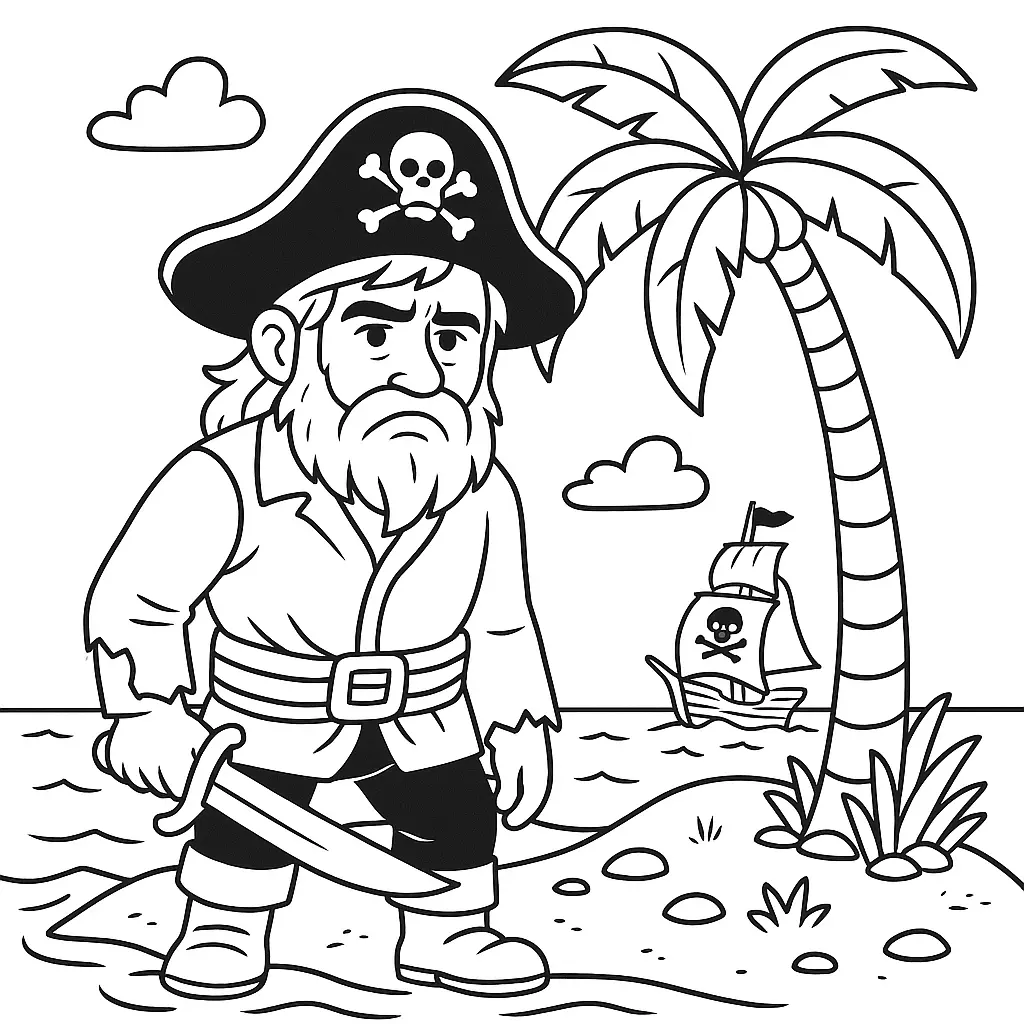 24 Piraten Ausmalbilder (Kostenlose Malvorlage zum drucken) Pirat gestrandet auf einer einsamen Insel mit Palme – Piraten Ausmalbild zum Ausdrucken