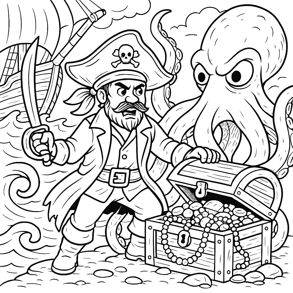 24 Piraten Ausmalbilder (Kostenlose Malvorlage zum drucken) Pirat kämpft gegen riesigen Kraken auf dem Schiff – Piraten Ausmalbild