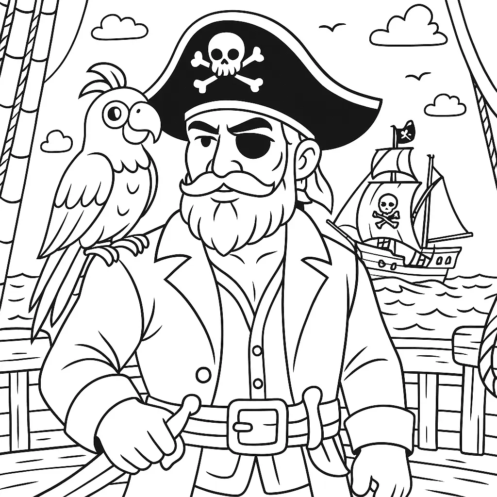 24 Piraten Ausmalbilder (Kostenlose Malvorlage zum drucken) Pirat mit Papagei auf der Schulter auf einem Schiff – Sauberes Piraten Ausmalbild zum Ausdrucken