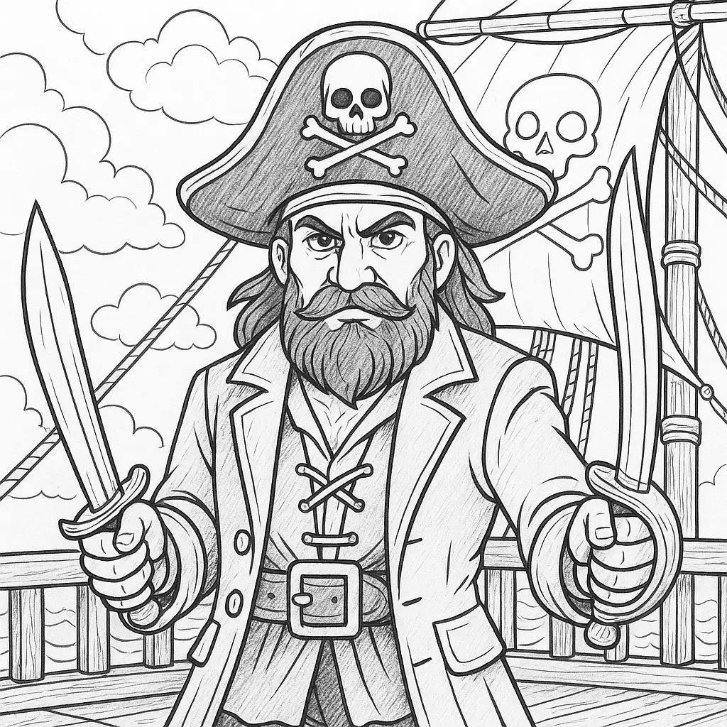 24 Piraten Ausmalbilder (Kostenlose Malvorlage zum drucken) Piraten Ausmalbild – entschlossener Pirat mit zwei Schwertern auf einem Piratenschiff