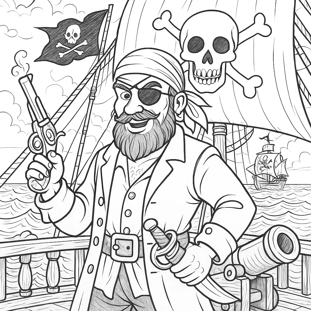 24 Piraten Ausmalbilder (Kostenlose Malvorlage zum drucken) Piraten Ausmalbild mutiger Pirat mit Augenklappe auf einem Piratenschiff mit Totenkopfflagge