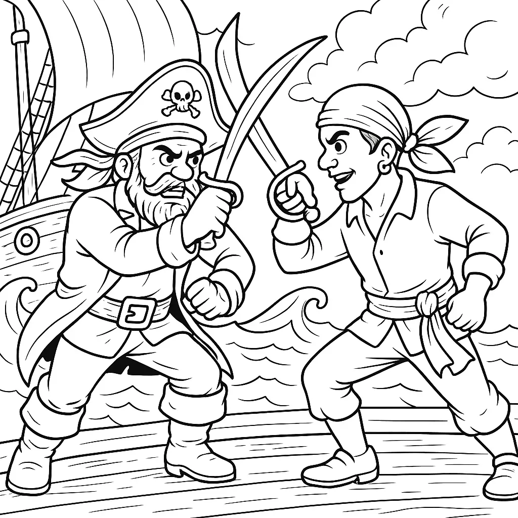 24 Piraten Ausmalbilder (Kostenlose Malvorlage zum drucken) Zwei Piraten kämpfen mit Schwertern auf einem Schiff – Piraten Ausmalbild