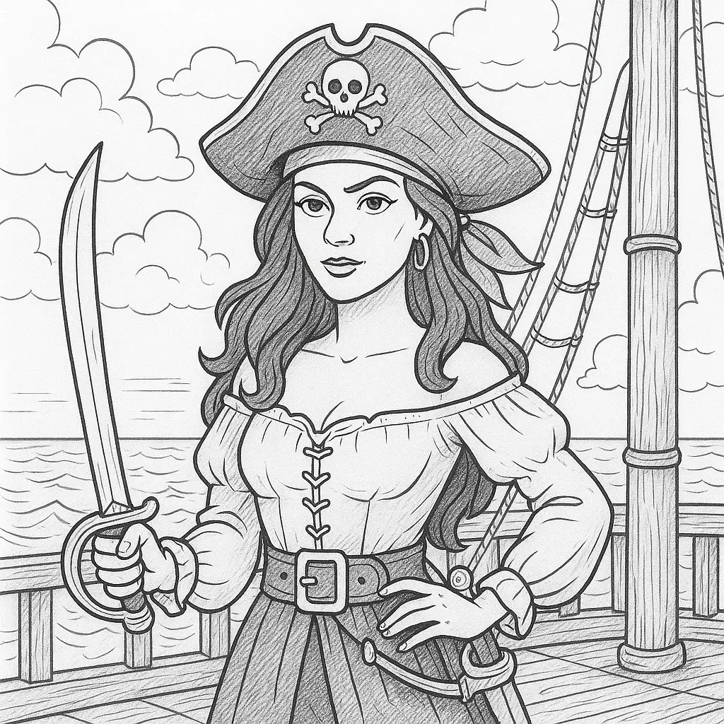 24 Piraten Ausmalbilder (Kostenlose Malvorlage zum drucken) Piraten Malvorlage – mutige Piratin mit Schwert auf einem Piratenschiff