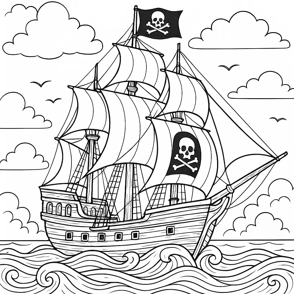 24 Piraten Ausmalbilder (Kostenlose Malvorlage zum drucken) Piraten Schiff mit großen Segeln und Totenkopf-Flagge auf hoher See – Ausmalbild