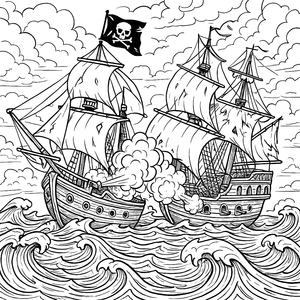 24 Piraten Ausmalbilder (Kostenlose Malvorlage zum drucken) Zwei Piratenschiffe im Kanonenkampf auf stürmischer See – Piraten Ausmalbild