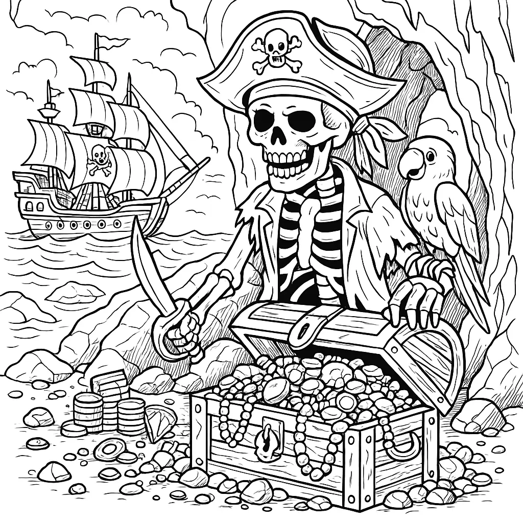 24 Piraten Ausmalbilder (Kostenlose Malvorlage zum drucken) Piraten Skelett mit Schatztruhe voller Gold und Juwelen am Strand – Ausmalbild zum Ausdrucken