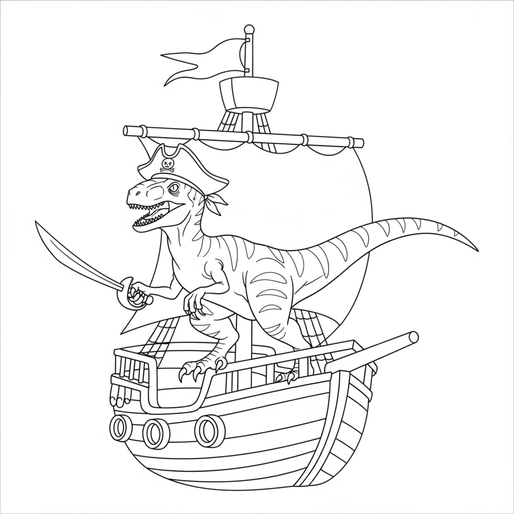 Velociraptor Ausmalbilder (Gratis Dino Malvorlage drucken) velociraptor ausmalbilder für kinder mit einem dinosaurier im piratenkostüm der auf einem segelschiff steht ideal zum ausmalen und spielen