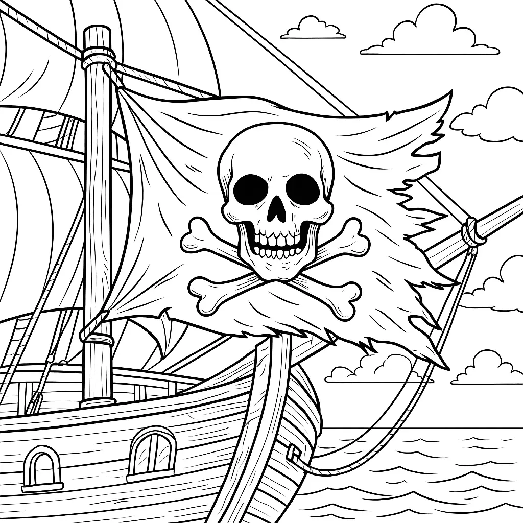24 Piraten Ausmalbilder (Kostenlose Malvorlage zum drucken) Piratenflagge mit Totenkopf und gekreuzten Knochen – Ausmalbild zum Ausdrucken