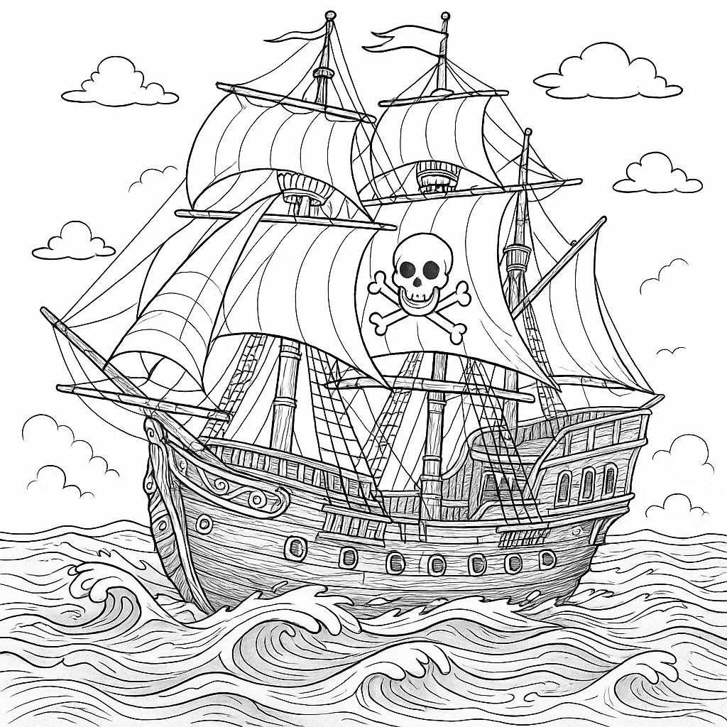 24 Piraten Ausmalbilder (Kostenlose Malvorlage zum drucken) Piratenschiff Ausmalbild – großes Segelschiff mit Totenkopfflagge auf stürmischer See