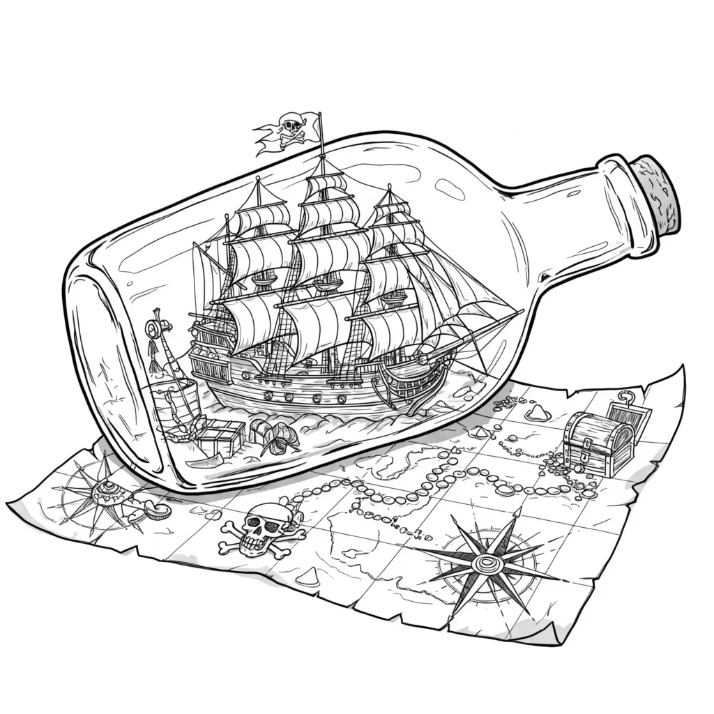 16 Piratenschiff Ausmalbilder (Gratis Malvorlage Ausdrucken) Piratenschiff in der Flasche Ausmalbild mit detailliertem Segelschiff in Glasflasche – kostenlose Piratenschiff Ausmalbilder als PDF für Kinder