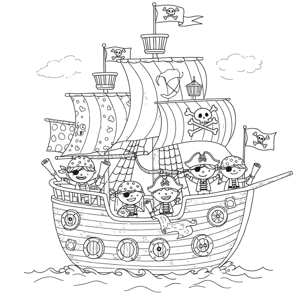 16 Piratenschiff Ausmalbilder (Gratis Malvorlage Ausdrucken) Einfache Piratenschiff Malvorlage mit Kindern als Piraten auf dem Schiff – kostenlose Piratenschiff Malvorlagen zum Ausdrucken für Kinder