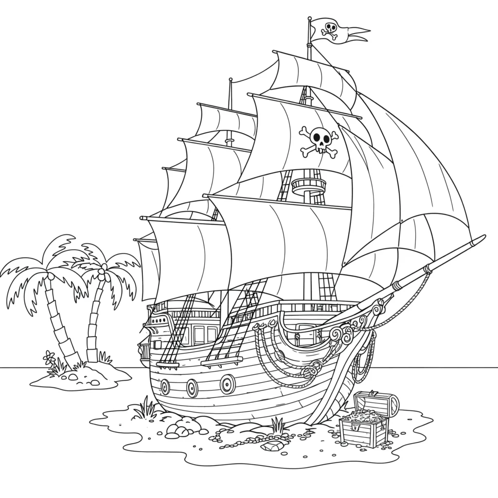 16 Piratenschiff Ausmalbilder (Gratis Malvorlage Ausdrucken) Piratenschiff Malvorlage mit Insel und Schatztruhe – Piratenschiff Malvorlagen kostenlos für Kinder als PDF zum Ausdrucken