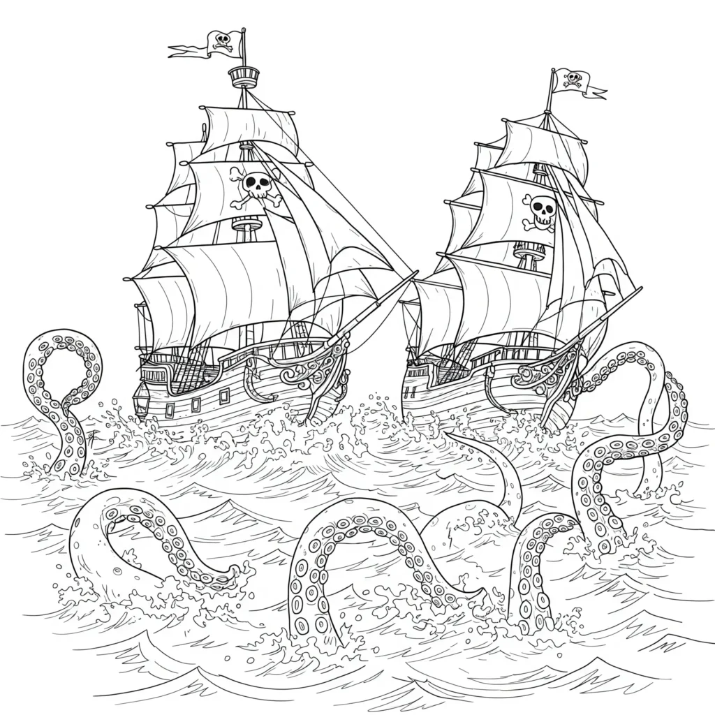 16 Piratenschiff Ausmalbilder (Gratis Malvorlage Ausdrucken) Piratenschiff Ausmalbild mit Kampf gegen ein großes Meeresungeheuer und Tentakeln aus dem Ozean – kostenlose Piratenschiff Ausmalbilder für Kinder als PDF