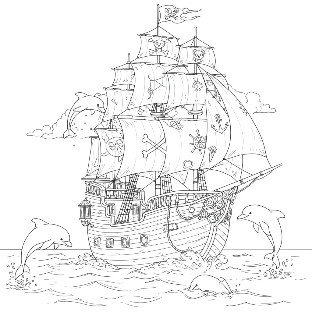 16 Piratenschiff Ausmalbilder (Gratis Malvorlage Ausdrucken) Piratenschiff Ausmalbild mit fröhlichen Delfinen, die um das Schiff springen – kostenlose Piratenschiff Ausmalbilder als PDF für Kinder