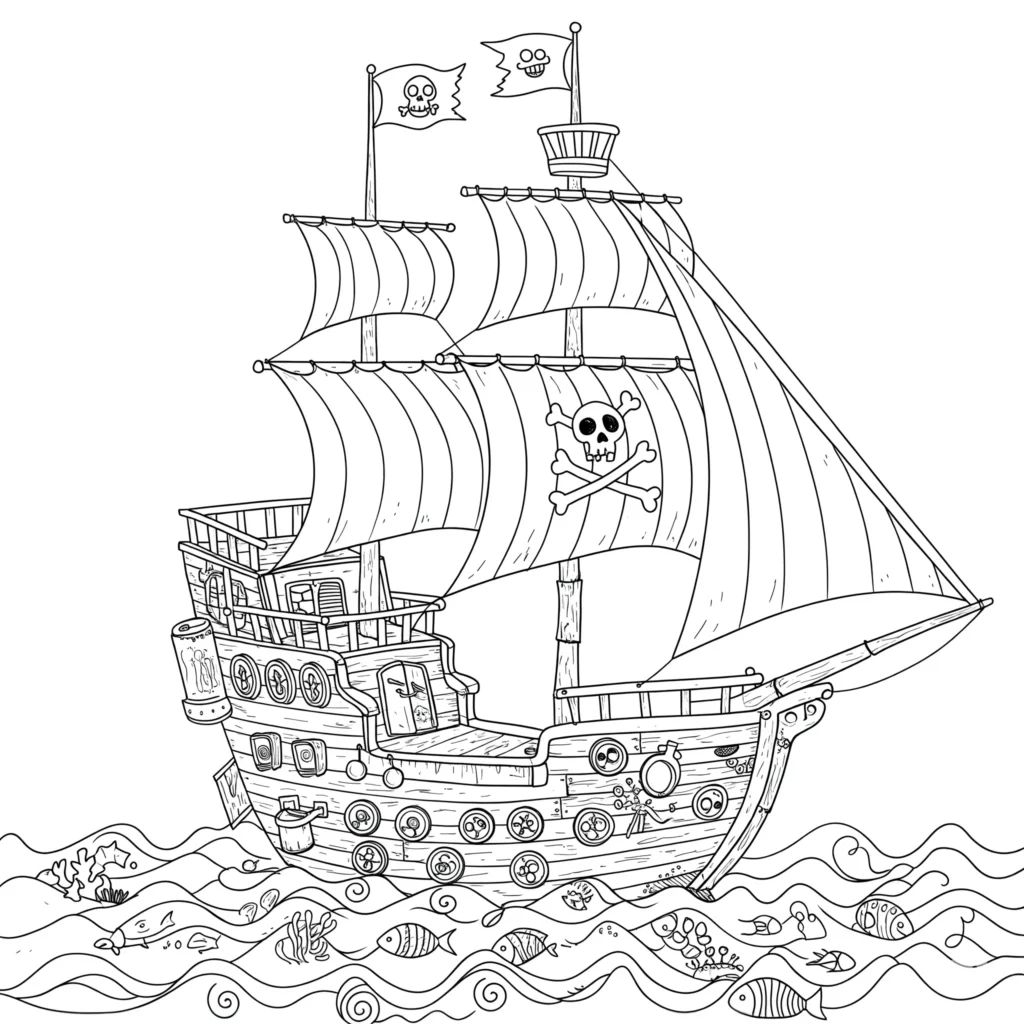 16 Piratenschiff Ausmalbilder (Gratis Malvorlage Ausdrucken) Piratenschiff Ausmalbild aus recycelten Materialien wie Flaschen, Dosen und Holz – umweltfreundliche Piratenschiff Ausmalbilder als PDF für Kinder