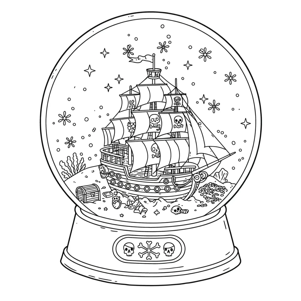 16 Piratenschiff Ausmalbilder (Gratis Malvorlage Ausdrucken) Piratenschiff Ausmalbild in einer magischen Schneekugel mit Schneeflocken und Glitzer – kostenlose Piratenschiff Ausmalbilder als PDF zum Ausdrucken