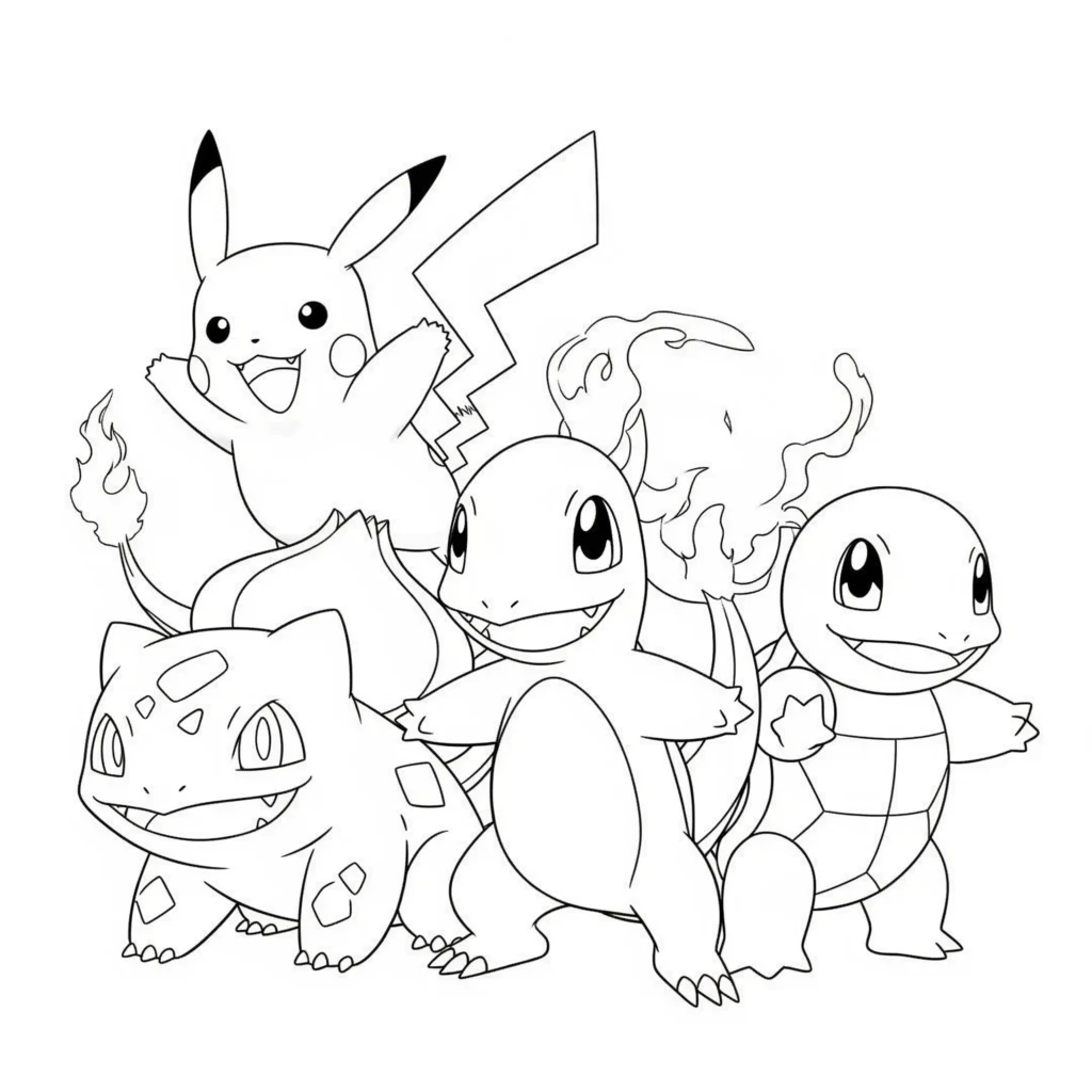 30 Pikachu Ausmalbilder (Gratis Pokémon Malvorlage zum drucken) Diese Ausmalvorlage zeigt ein starkes Pokémon Team mit mehreren Charakteren zusammen – ideal für Kinder, die Gruppenszenen bunt gestalten möchten.