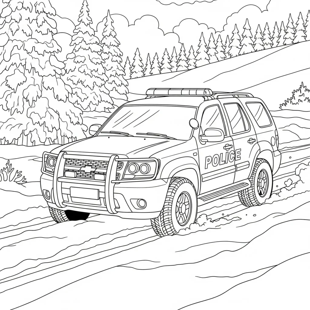 12 Polizeiauto Ausmalbilder (Kostenlos Malvorlage zum Drucken) Ein Polizei-SUV fährt durch einen Schneesturm mit eingeschaltetem Blaulicht – als winterliches Ausmalbild für Kinder zum Ausdrucken