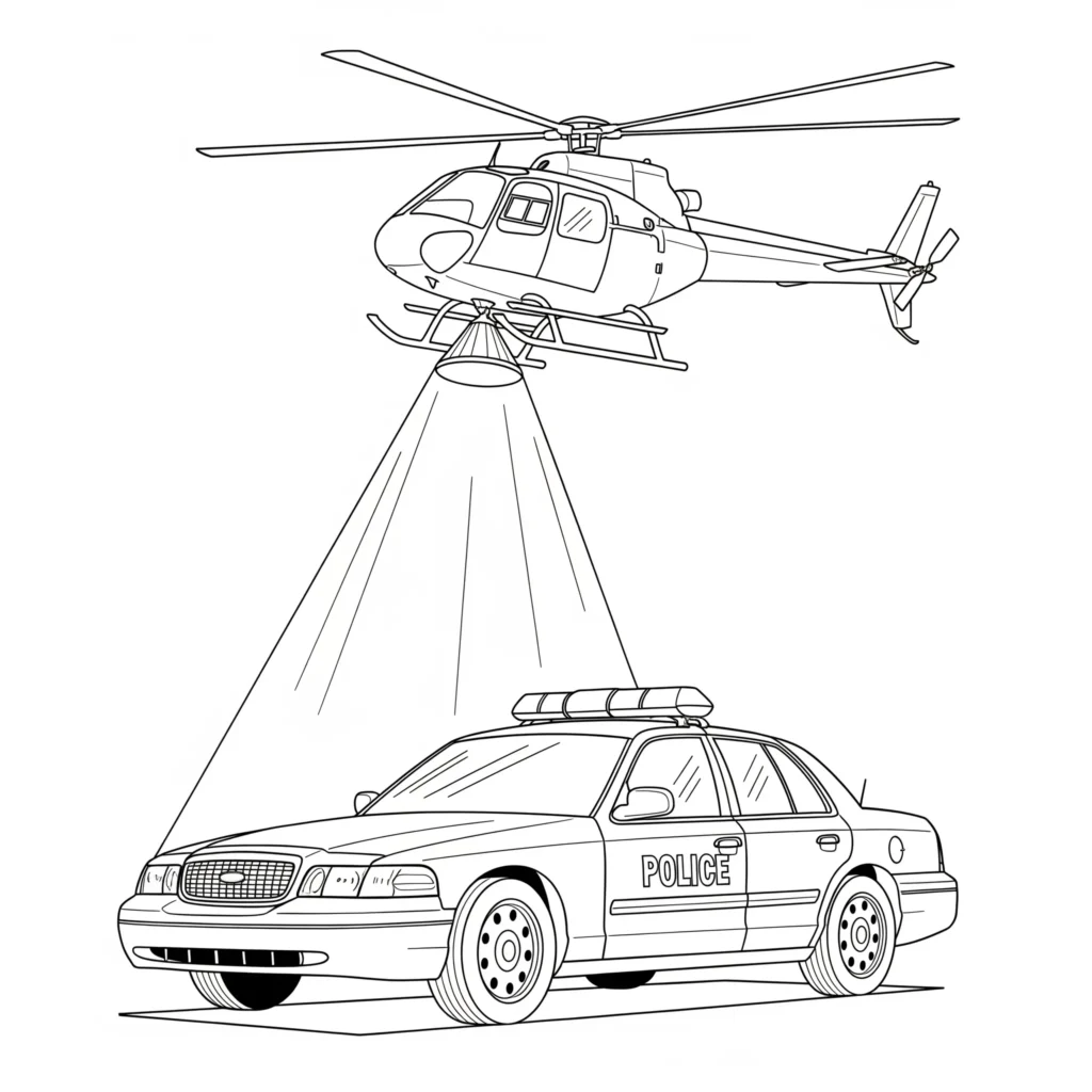 12 Polizeiauto Ausmalbilder (Kostenlos Malvorlage zum Drucken) Ausmalbild mit einem Polizeiauto und einem Hubschrauber bei einer Verfolgungsjagd zum Ausdrucken und Ausmalen für Kinder