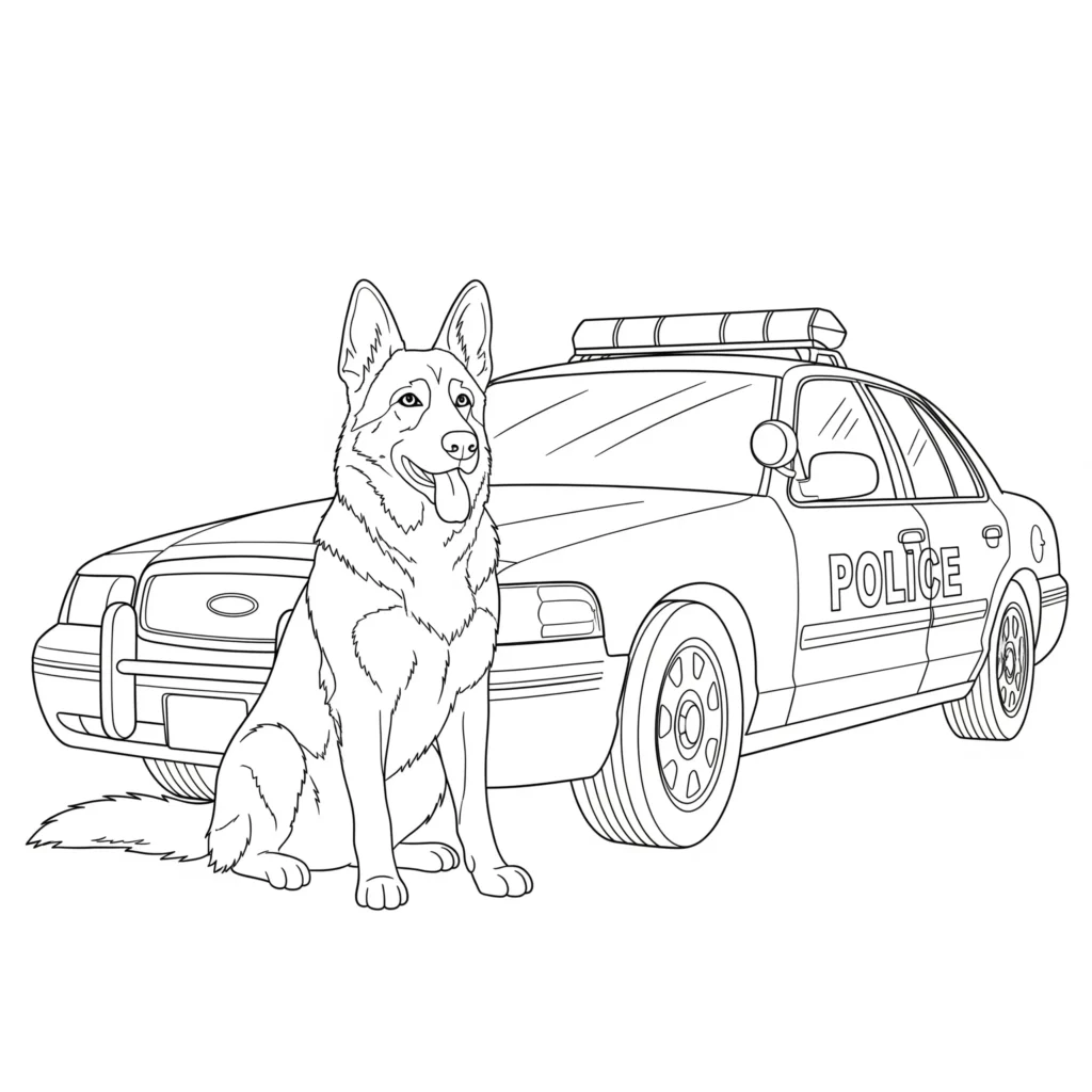 12 Polizeiauto Ausmalbilder (Kostenlos Malvorlage zum Drucken) Ausmalbild mit einem Polizeiauto und einem Hund für Kinder zum Ausdrucken und Ausmalen