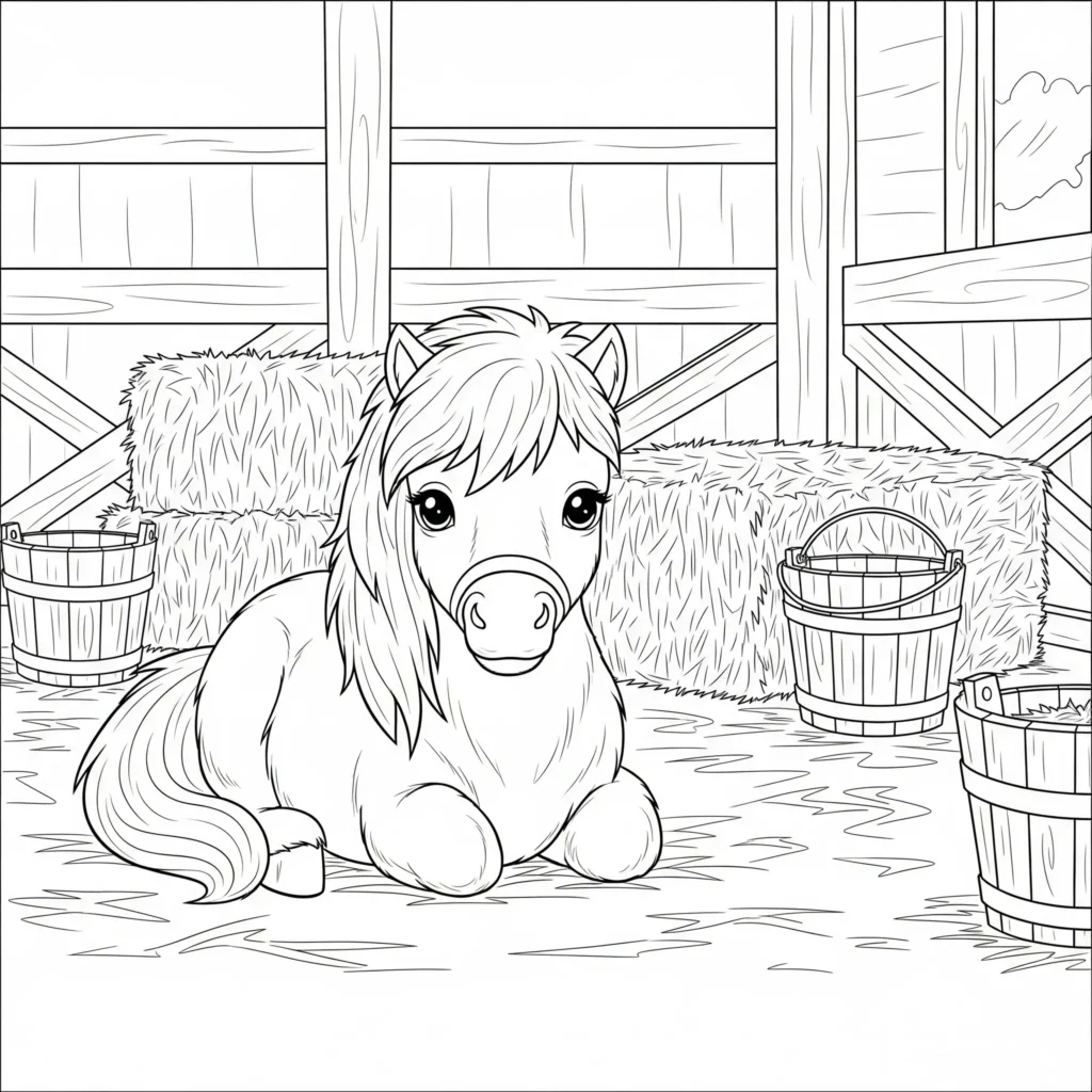 30 Pferde Ausmalbilder (Kostenlos Malvorlage zum Ausdrucken) pferde ausmalbilder kinder zeigen ein freundliches pony das entspannt im stall steht als liebevolle vorlage zum ausdrucken