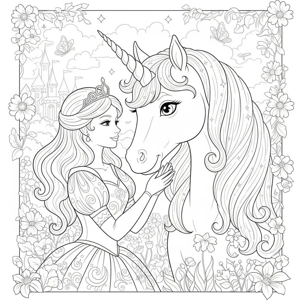 Prinzessinnen Malvorlage (Kostenlos PDF zum Ausdrucken) Eine Prinzessin steht neben einem freundlichen Einhorn mit wallender Mähne, bereit zum Ausmalen für kleine Fantasie-Fans.