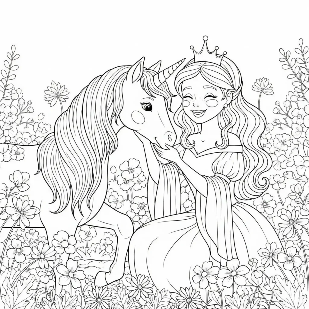 Prinzessinnen Malvorlage (Kostenlos PDF zum Ausdrucken) Eine Prinzessin steht neben einem Einhorn mit langer Mähne – beide blicken freundlich und laden zum Ausmalen ein.
