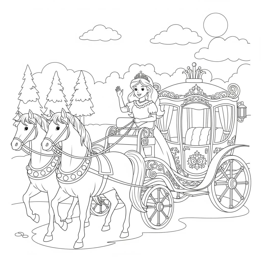 Prinzessinnen Malvorlage (Kostenlos PDF zum Ausdrucken) Eine Prinzessin sitzt in einer prachtvollen Kutsche mit verzierten Rädern – perfekt zum Ausmalen für kleine Märchenfans.