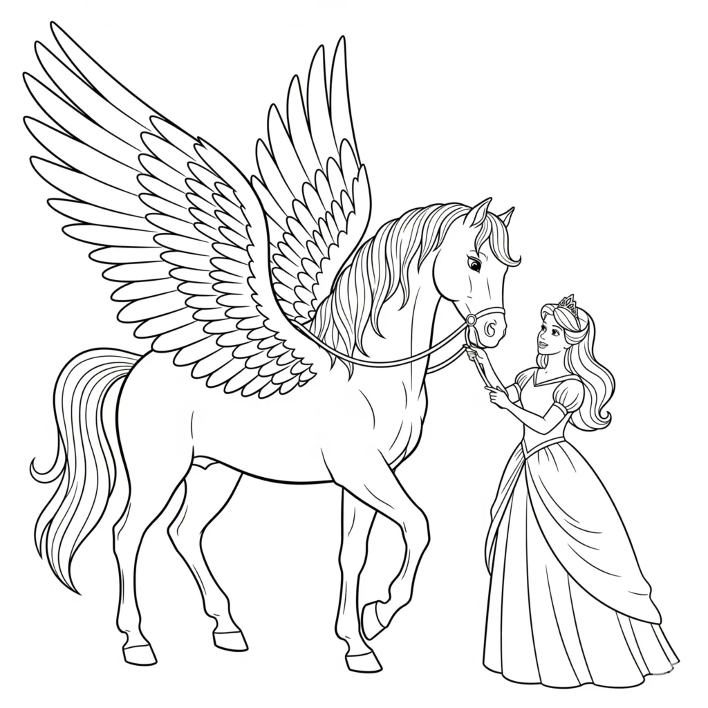 10+ Pegasus Ausmalbilder (Gratis Malvorlage zum Ausdrucken) Ein märchenhaftes Ausmalbild mit einer Prinzessin, die neben einem Pegasus steht. Perfekt als PDF zum Ausdrucken für kreative Kinder