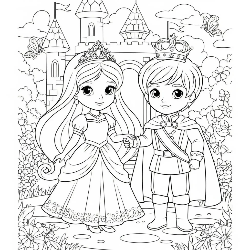 Prinzessinnen Malvorlage (Kostenlos PDF zum Ausdrucken) Eine Prinzessin und ein Prinz stehen nebeneinander, beide festlich gekleidet und lächelnd – eine romantische Szene zum Ausmalen.